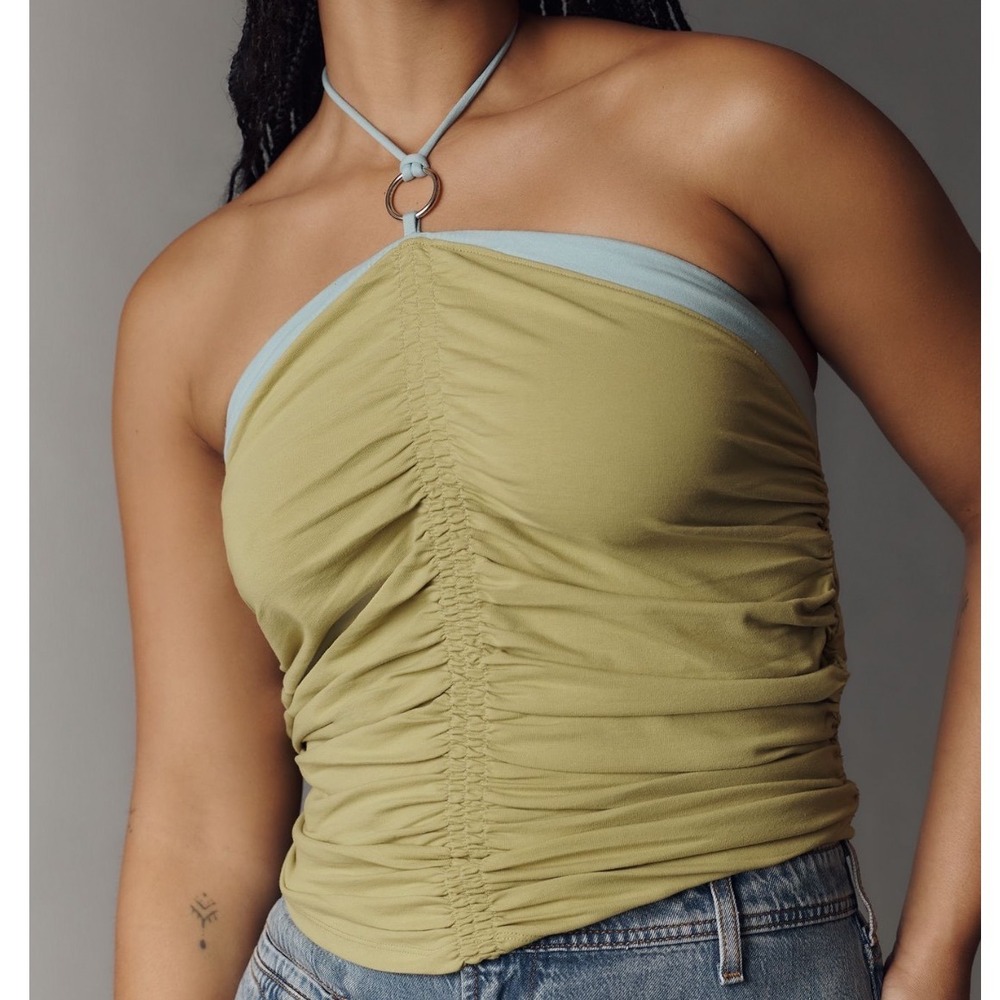 Anthropologie Ruched Halter Top XL O-Ring Y2K Style Guacamole Green New